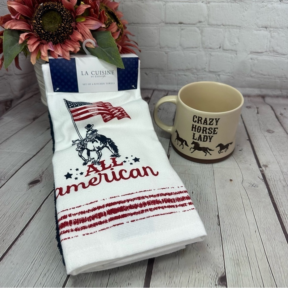 NWT western All American Kitchen Towel Set & 18oz mug Crazy horse lady cowgirl